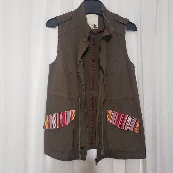 En Crene Boho Vest Full Zipper Southwest Print Pocket Cardigan Size Medium - Picture 2 of 7